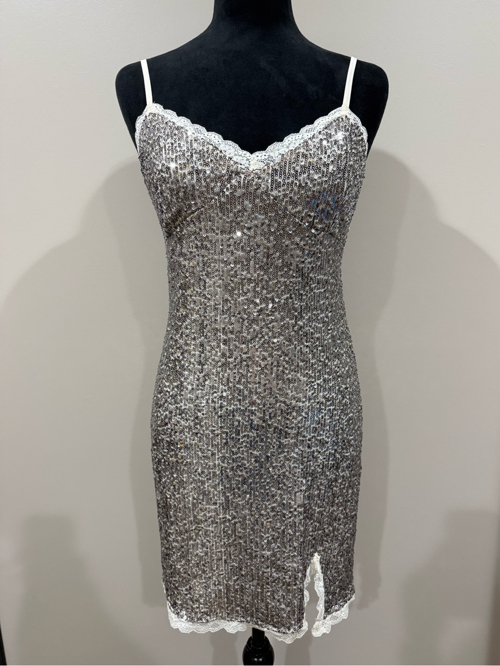 Wild Fable Silver Sequin Lace Trim Cami Mini Dress NWT Size S